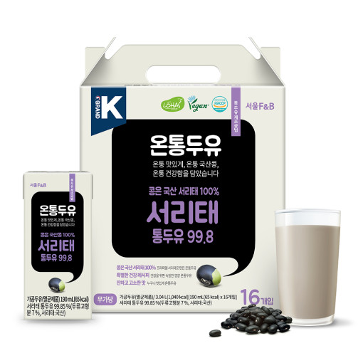 [무료배송]서울에프엔비 무가당 온통두유 서리태 통두유 99.8 190mL X 16입 [원산지:국산]