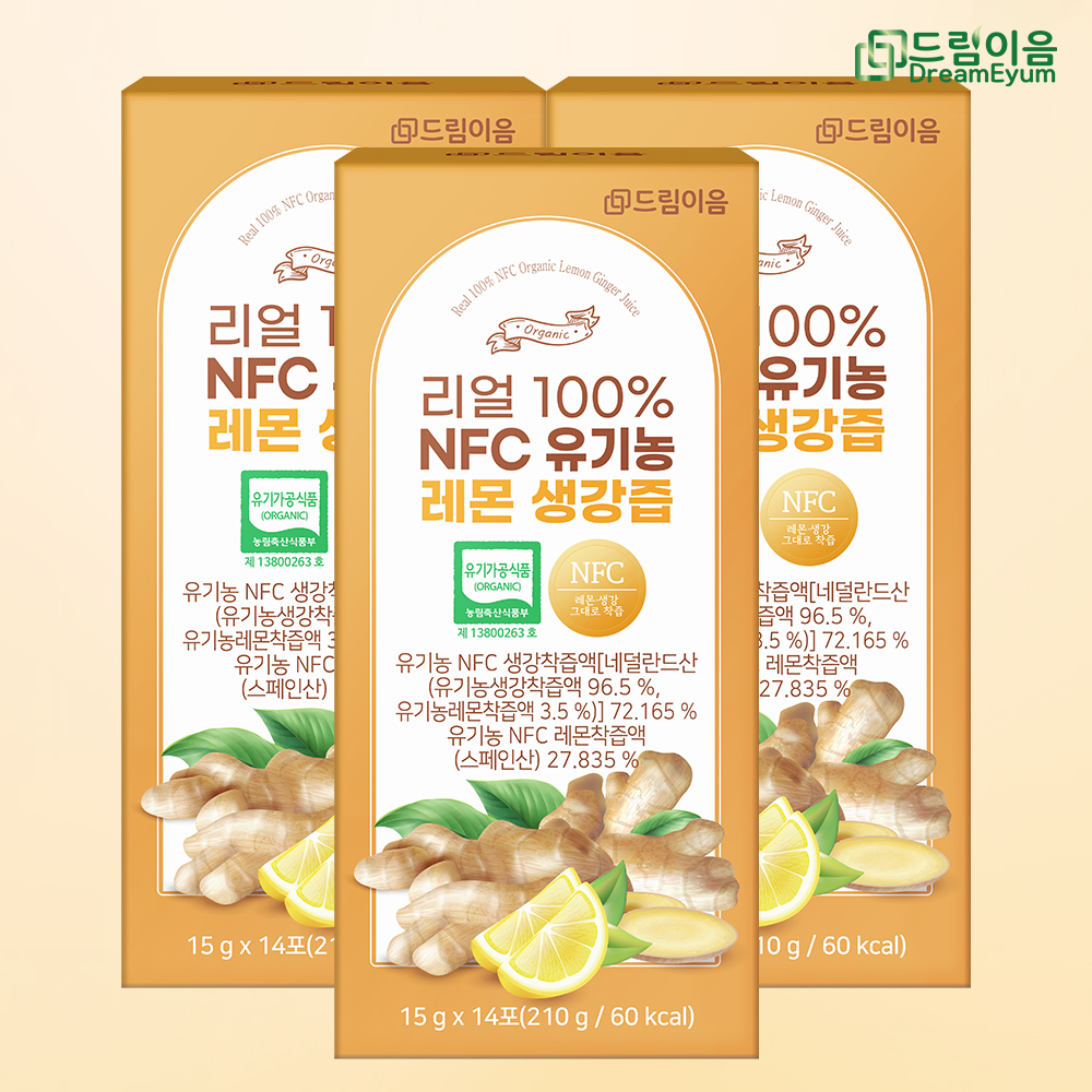 드림이음 리얼 100% NFC 유기농 레몬 생강즙 생강레몬즙 15g x 14포 3박스 대표이미지 섬네일