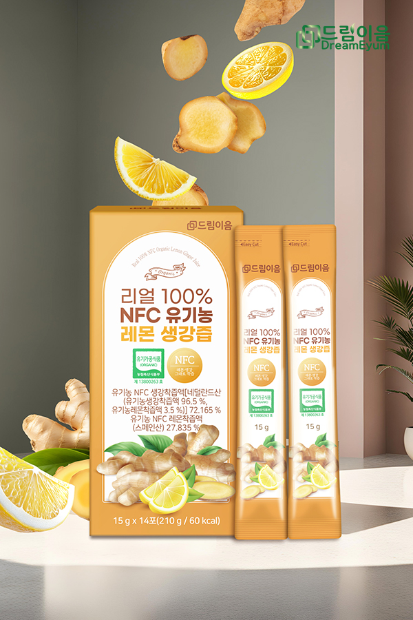 드림이음 리얼 100% NFC 유기농 레몬 생강즙 생강레몬즙 15g x 14포 6박스