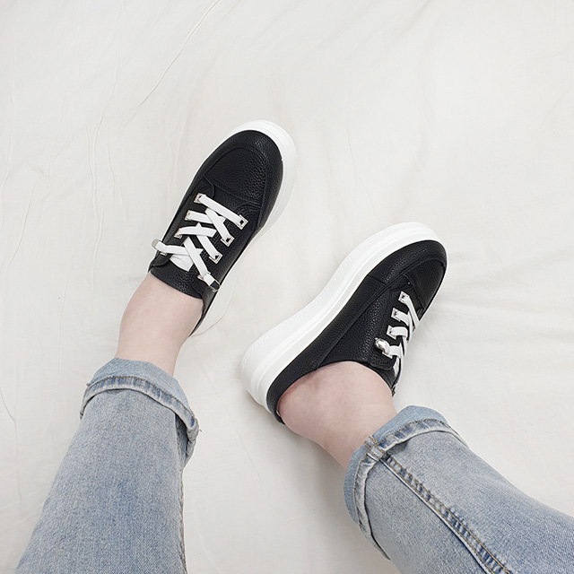 더무 소가죽 큐빅 밴딩끈 키높이 통굽 블로퍼 5cm