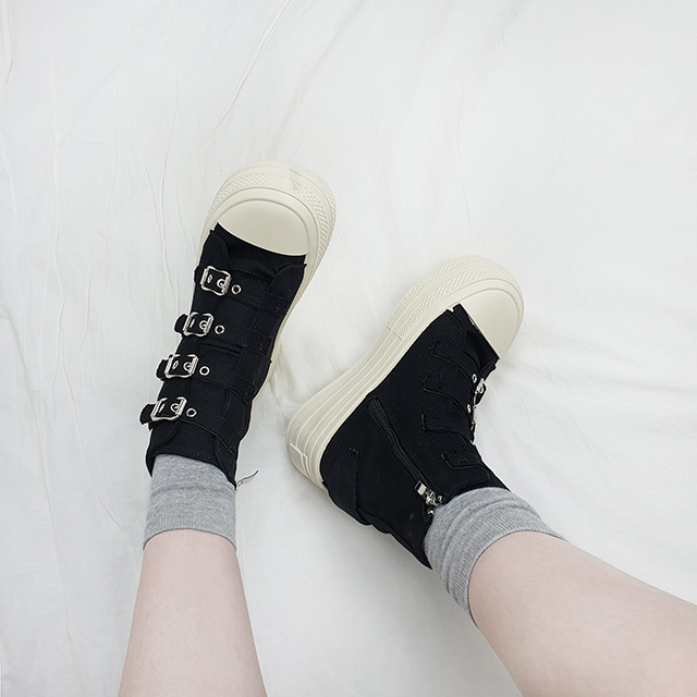 티마 캔버스 하이탑 버클 키높이 통굽 스니커즈 8cm