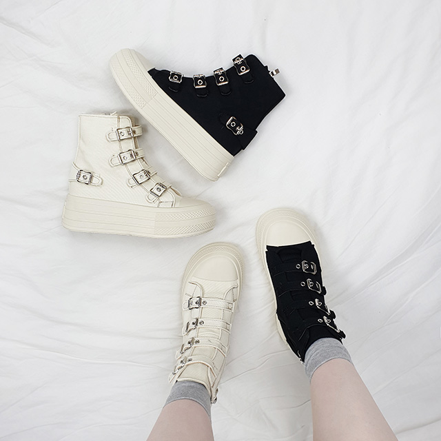 티마 캔버스 하이탑 버클 키높이 통굽 스니커즈 8cm