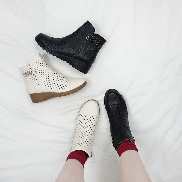 카도 펀칭 발목 큐빅장식 키높이 통굽 앵클부츠 5cm