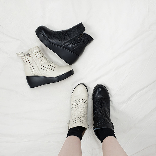 아피 태슬 지퍼 펀칭 소가죽 통굽 키높이 앵클부츠 7cm