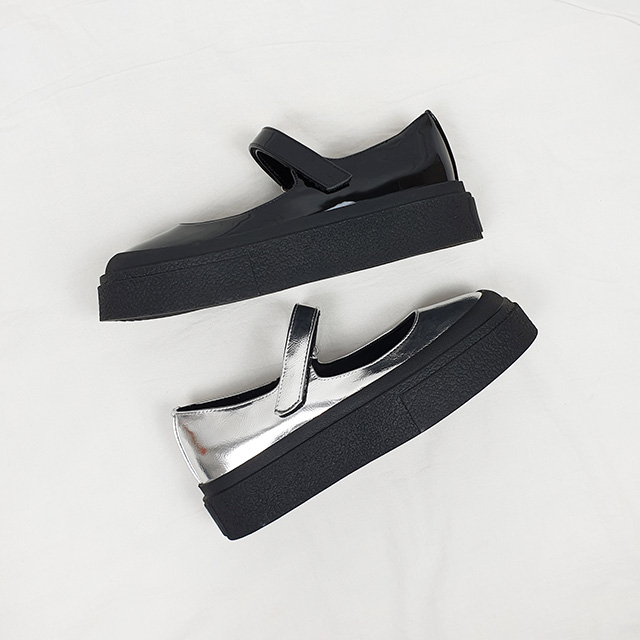 로파 실버 에나멜 찍찍이 키높이 통굽 메리제인 플랫슈즈 4cm