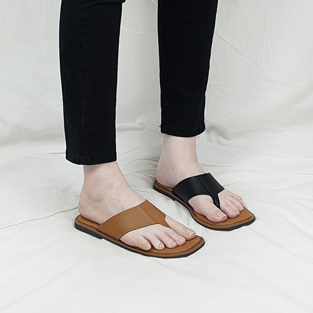 코느 국산 남자 소가죽 스트랩 사각코 쪼리 슬리퍼 1cm