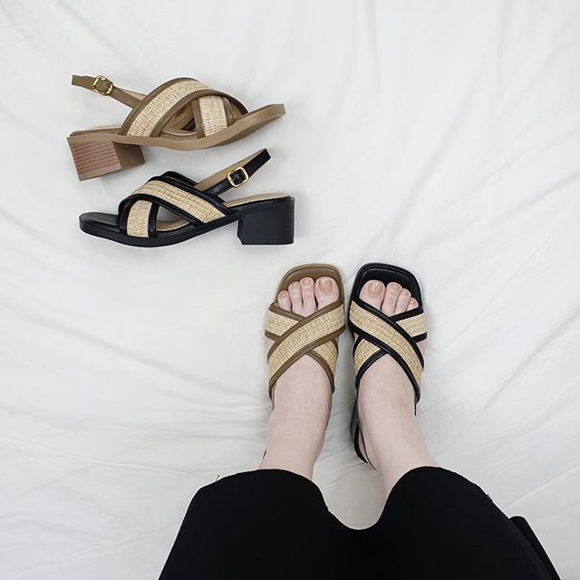 레피 스퀘어 라탄st 엑스 크로스 스트랩 키높이 샌들 6cm