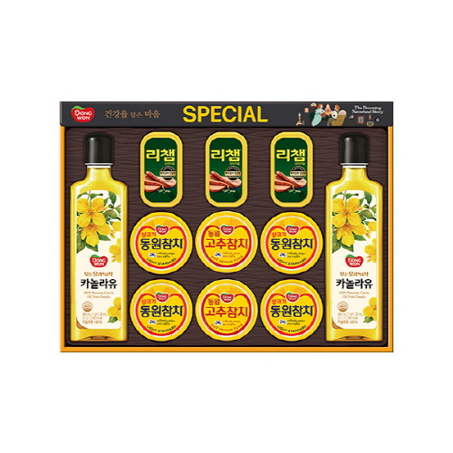 [동원선물세트] 스페셜 O-87호 (라이트스탠다드참치 85g 4캔+고추참치 85g 2캔+리챔 오리지널 120g 3캔+카놀라유 480ml 2병)