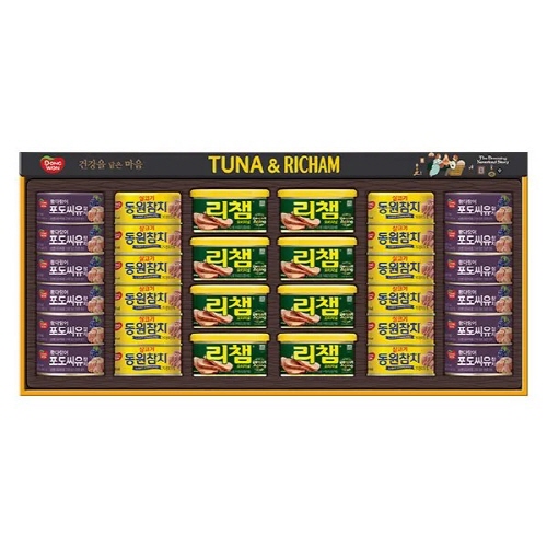 [동원선물세트] 튜나리챔 6호 (포도씨유 참치150g 12캔+라이트스탠다드참치 135g 12캔 +리챔 오리지널 200g 8캔)