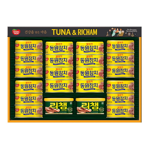 [동원선물세트] 튜나리챔 O-58호 (라이트스탠다드참치135g 8캔+라이트스탠다드참치 85g 12캔+리챔 오리지널 200g 2캔)