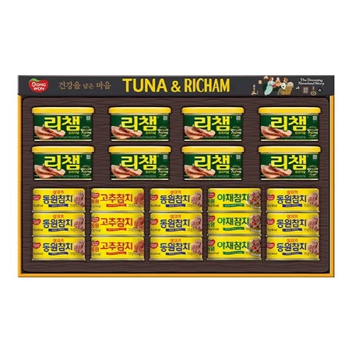 [동원선물세트] 튜나리챔 O-8호 (라이트스탠다드참치 85g 9캔+고추참치 85g 3캔+야채참치 90g 3캔+리챔 오리지널 200g 8캔)