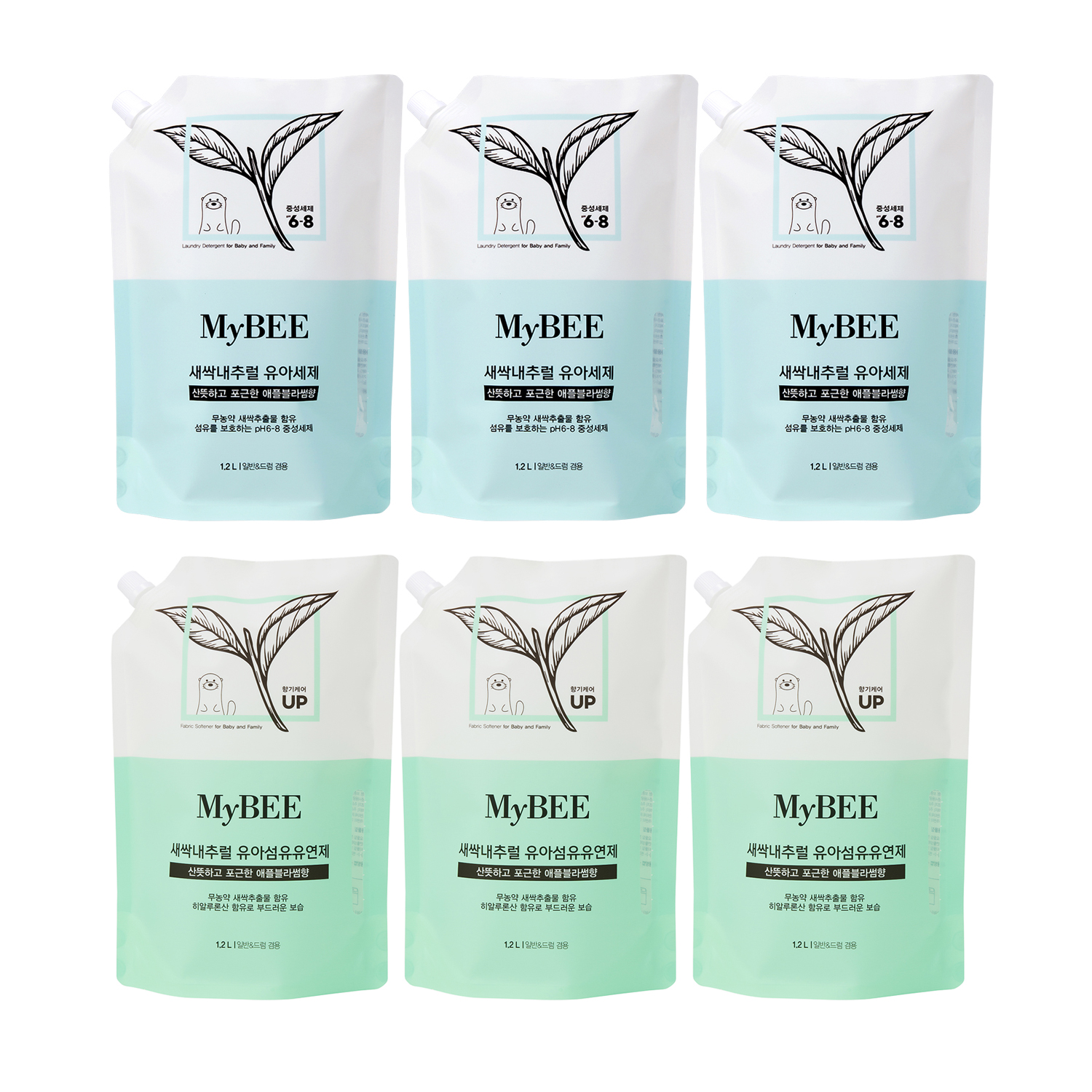 마이비 새싹내추럴 유아유연제 리필(1200ml) 3팩+유아세제 리필(1200ml) 3팩