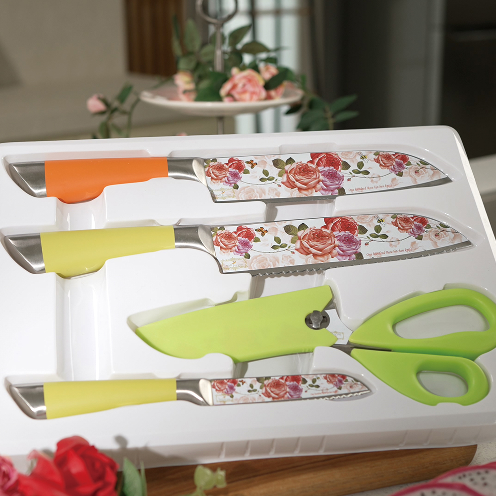 천년 장미칼 웨이브형 일자형 칼세트 4종 과도 만능가위 주방칼 부엌칼 1세트