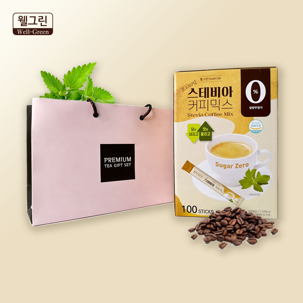 웰그린 프리미엄 스테비아 커피믹스 선물세트 100개입 저칼로리 무설탕 믹스 커피