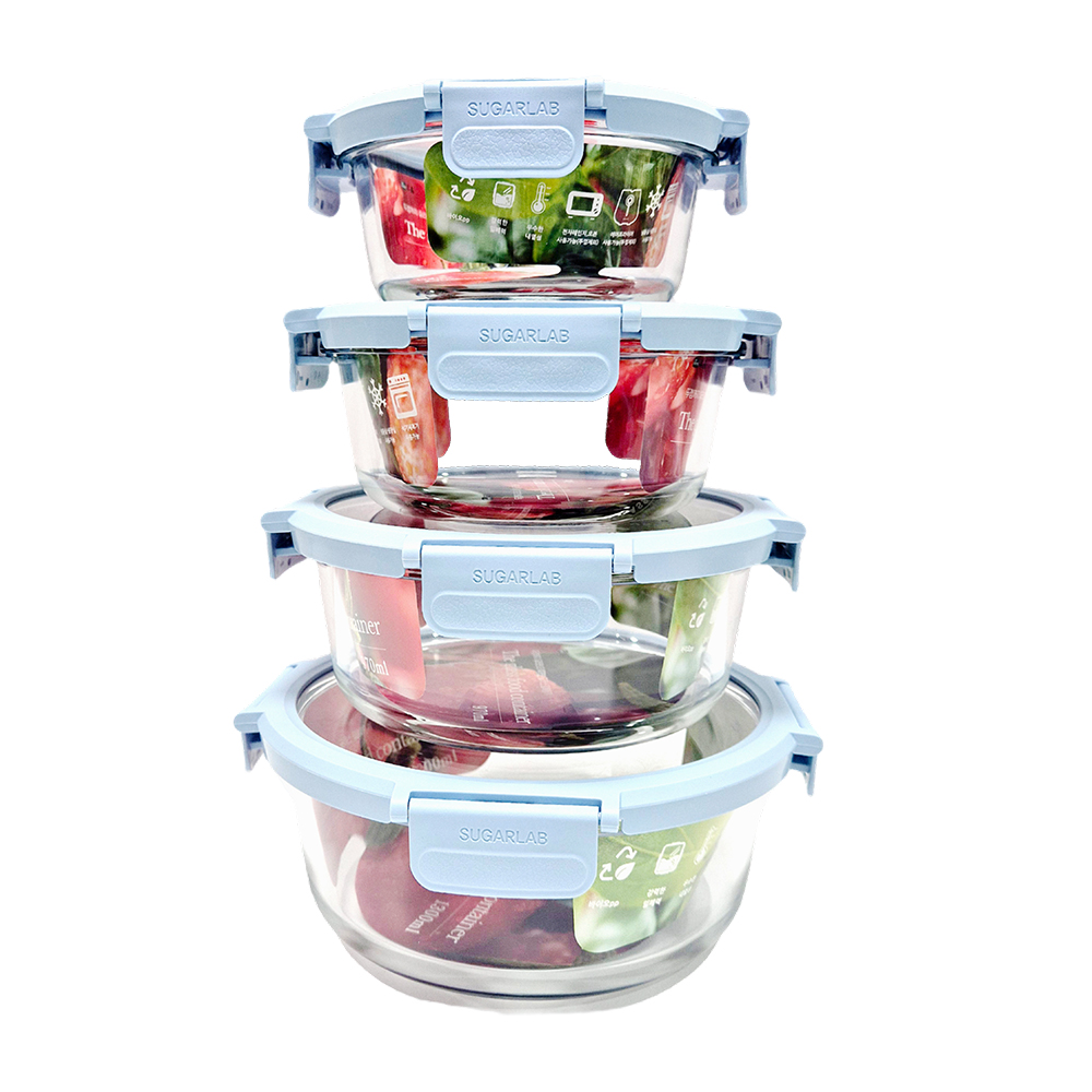 휴홈 더 투명한 바이오 글라스 유리 밀폐용기 원형 4종 세트