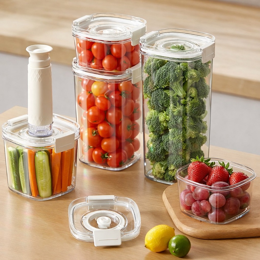 진공밀폐용기 펌프형 투명 야채보관통 진공반찬통 냉장고 밀폐용기 460ml 대표이미지 섬네일