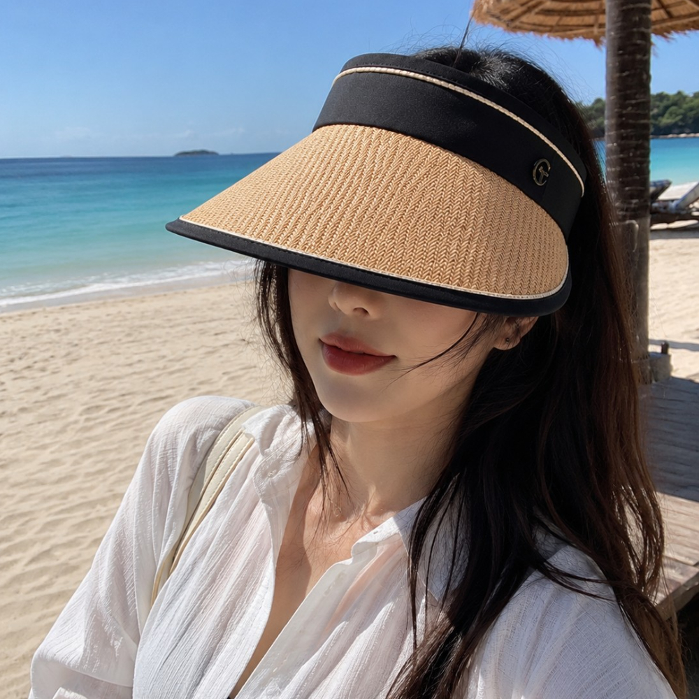 여성 여름 썬캡 와이드챙 라탄 스타일 UV차단 해변 썬바이저 모자 대표이미지 섬네일