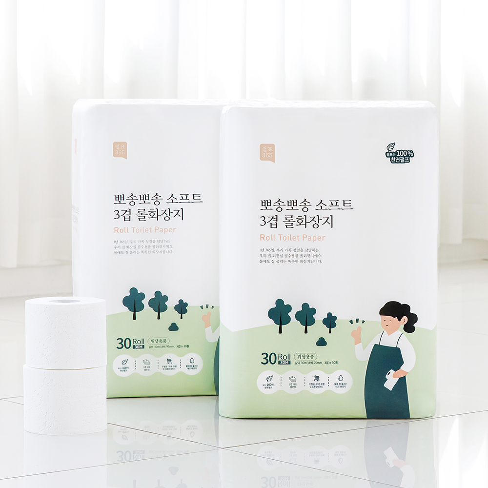 [1+1] 쉼표365 천연펄프 소프트 3겹 롤화장지 30m 30롤 무형광 무색소 무향 롤휴지 두루마리휴지