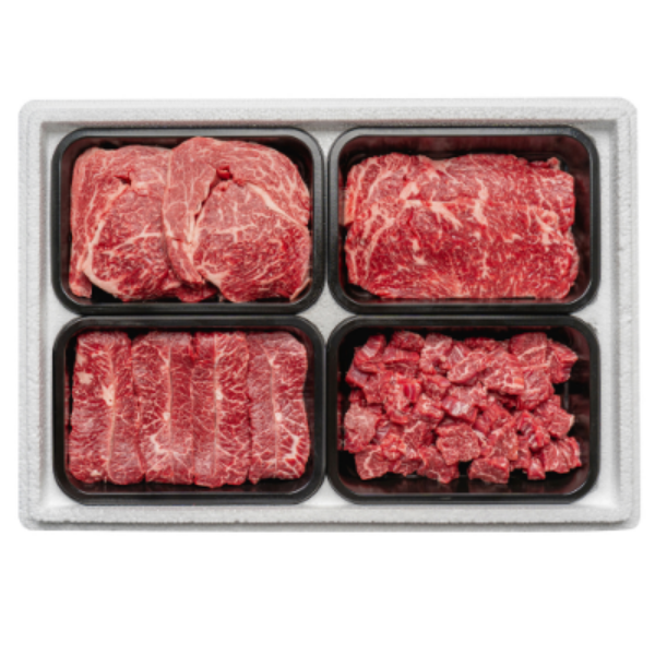 [최고네한우] 1++ 투뿔 한우 한판 세트 (600g / 1.2kg 택1) (구성: 등심150g+부채살150g+채끝150g+국거리150g) 허브솔트+와사비 증정