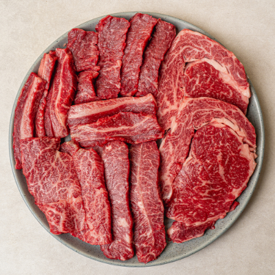 [최고네한우] 1++ 투뿔 한우 한판 세트 (600g / 1.2kg 택1) (구성: 등심150g+부채살150g+채끝150g+국거리150g) 허브솔트+와사비 증정 대표이미지 섬네일
