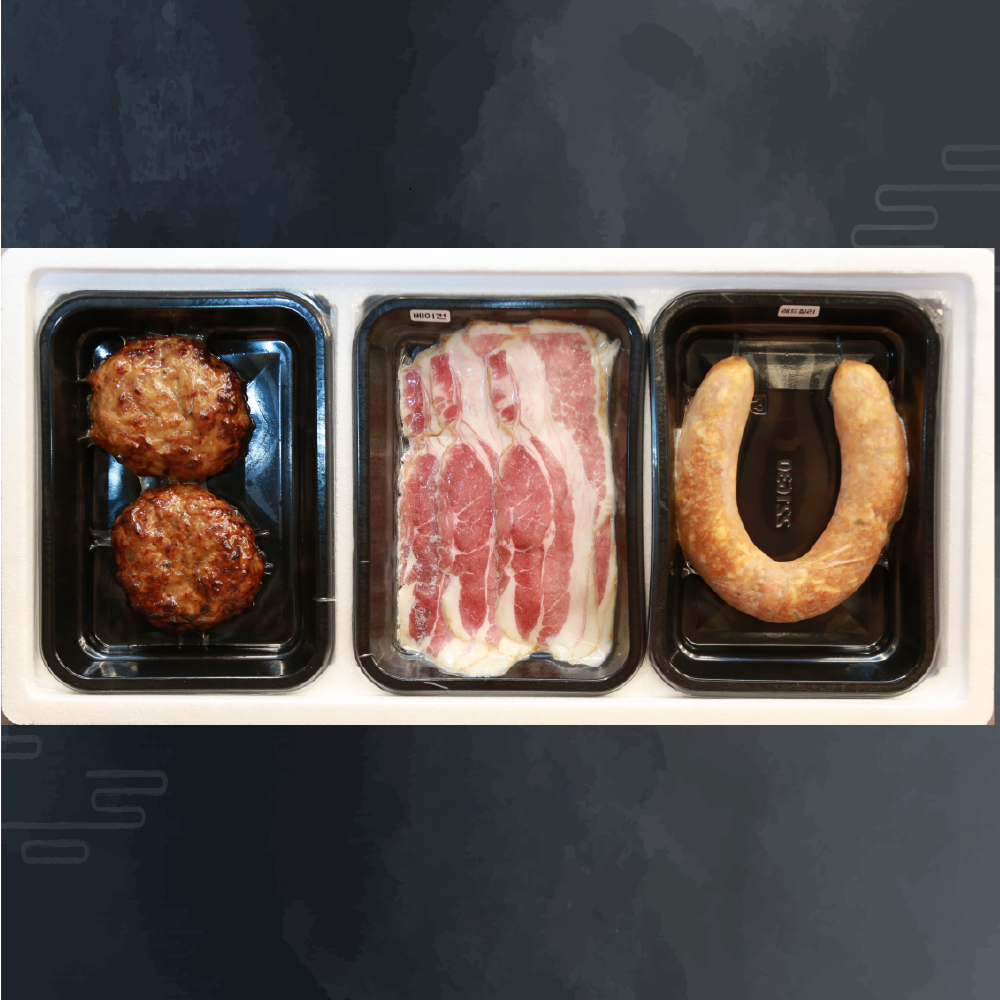 [행복푸드 선물세트] 한돈 떡갈비 스테이크 _ 훈연 메이플 베이컨 _ 더 킬바사