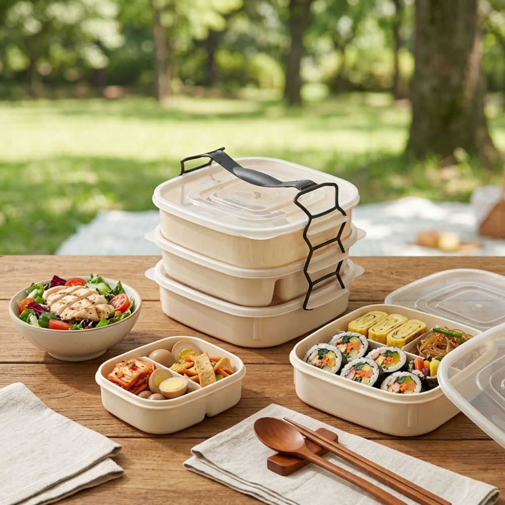 BPA-FREE 국산 분리형 피크닉 3단 도시락통 세트 런치박스 전자렌지 사용가능
