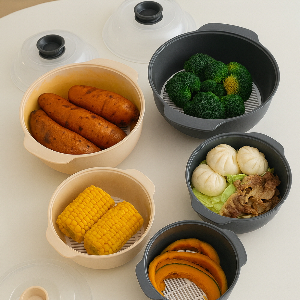 국산 전자렌지 찜기 용기 2종 세트 손잡이 스티머 1인분 자취생 계란찜 라면 냄비