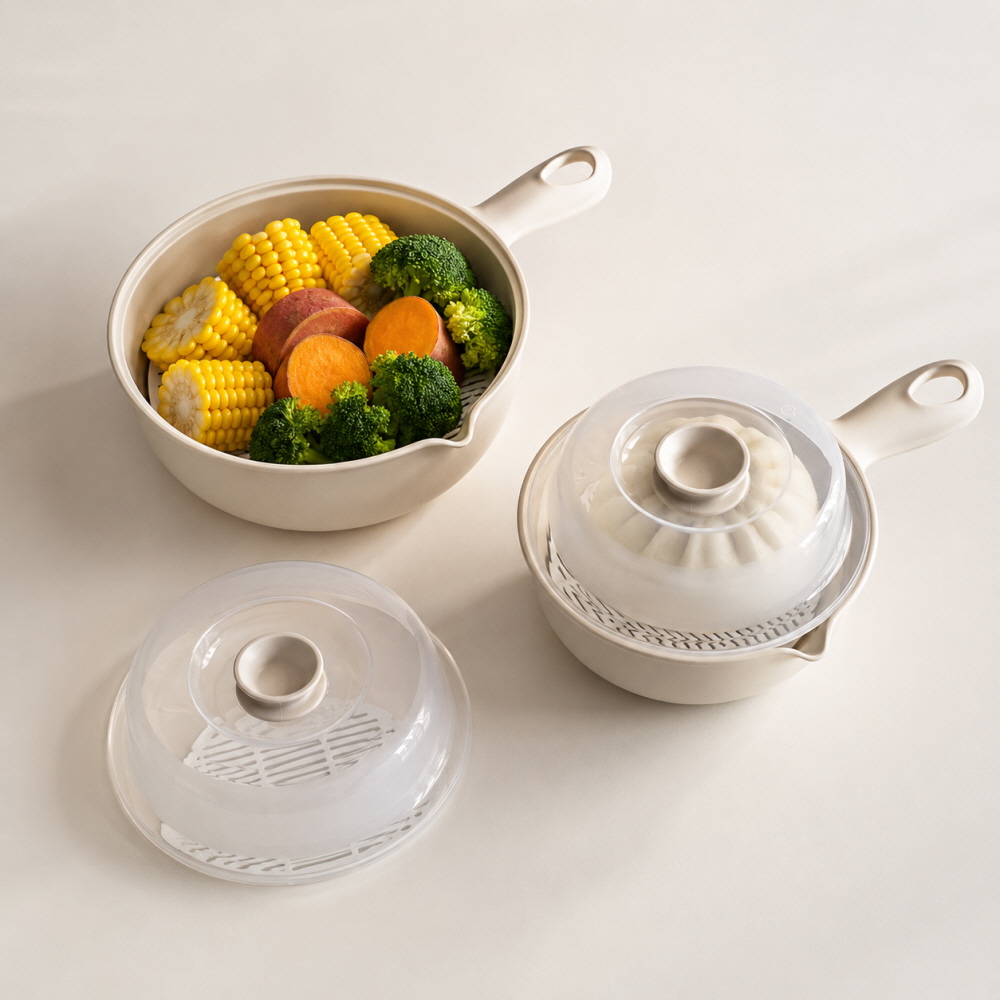 국산 전자렌지 찜기 용기 2종 세트 손잡이 스티머 1인분 자취생 계란찜 라면 냄비