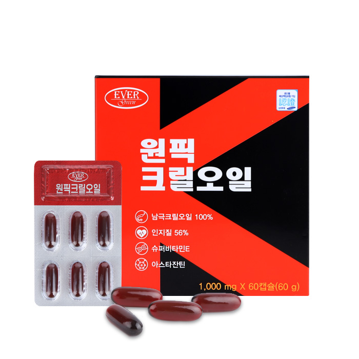 에버그린원픽크릴오일1000mgx60캡슐(2개월분) 인지질56% 아스타잔틴 남극크릴오일100%