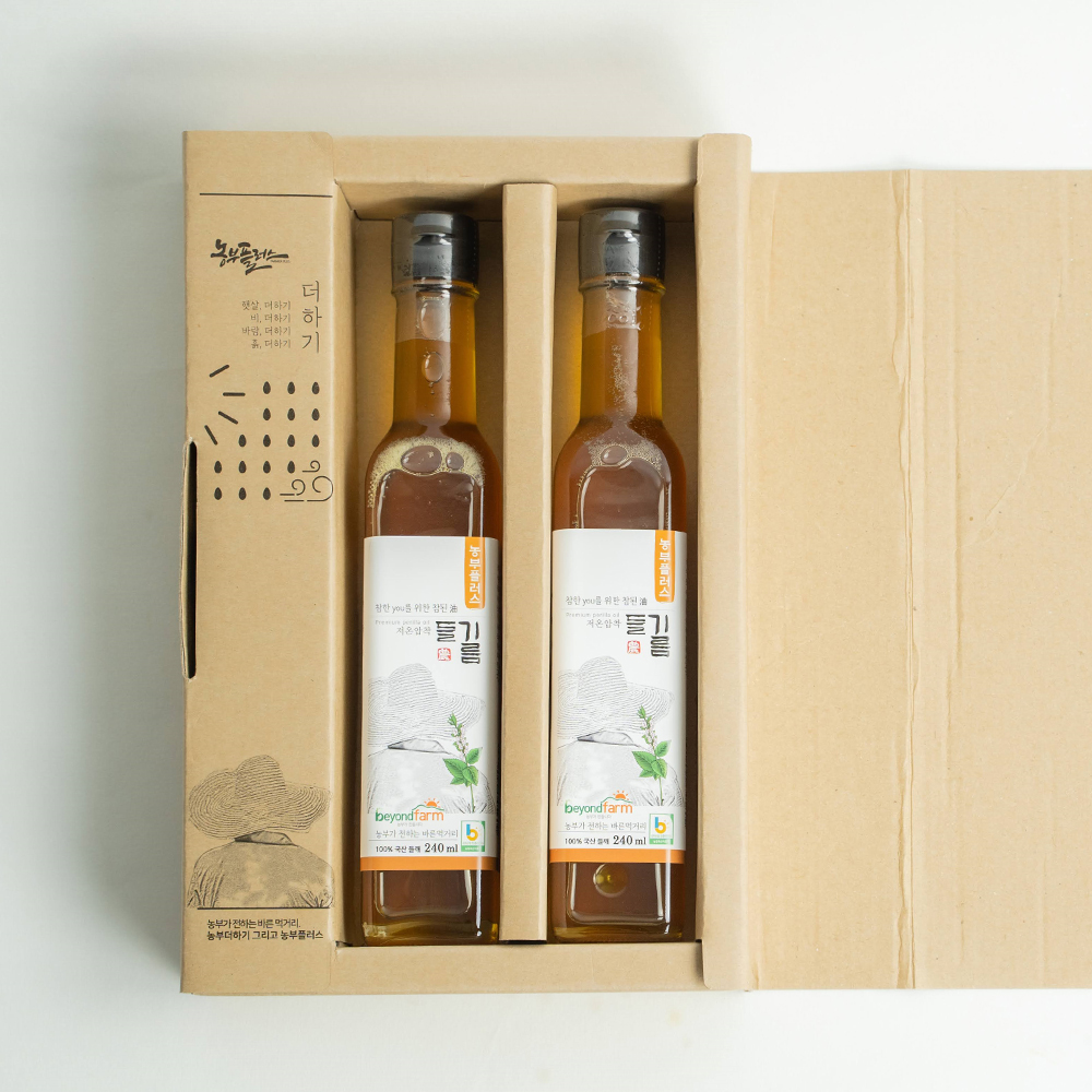 농부플러스 국산 냉압착 생들기름 저온착유 들기름 참기름 240ml 2병 선물세트