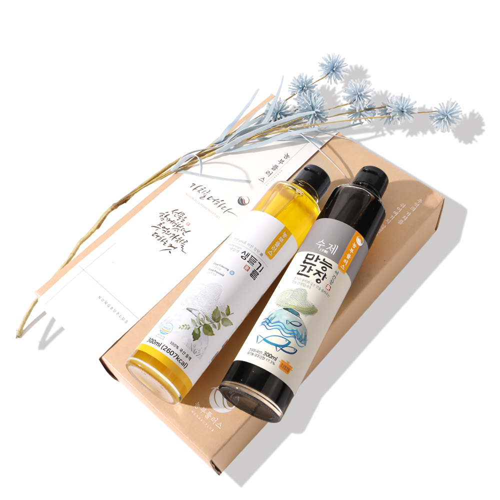 농부플러스 국산 냉압착 생들기름 저온착유 들기름 참기름 + 만능간장 맛간장 300ml 2병 선물세트 (교차선택가능)