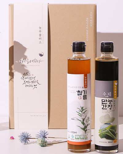 농부플러스 국산 냉압착 생들기름 저온착유 들기름 참기름 + 만능간장 맛간장 300ml 2병 선물세트 (교차선택가능)