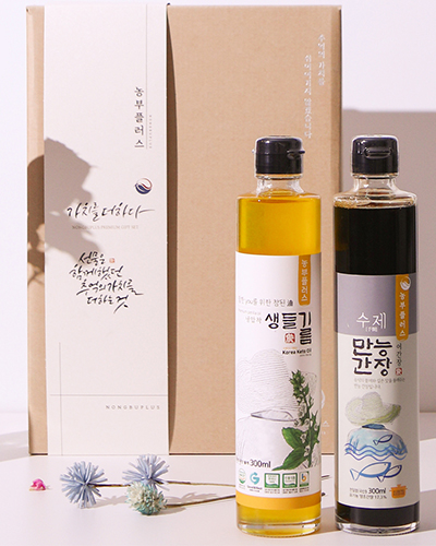 농부플러스 국산 냉압착 생들기름 저온착유 들기름 참기름 + 만능간장 맛간장 300ml 2병 선물세트 (교차선택가능)