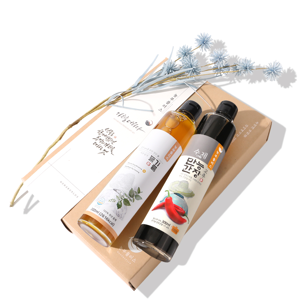 농부플러스 국산 냉압착 생들기름 저온착유 들기름 참기름 + 만능간장 맛간장 300ml 2병 선물세트 (교차선택가능)