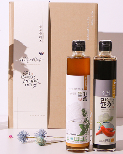 농부플러스 국산 냉압착 생들기름 저온착유 들기름 참기름 + 만능간장 맛간장 300ml 2병 선물세트 (교차선택가능)