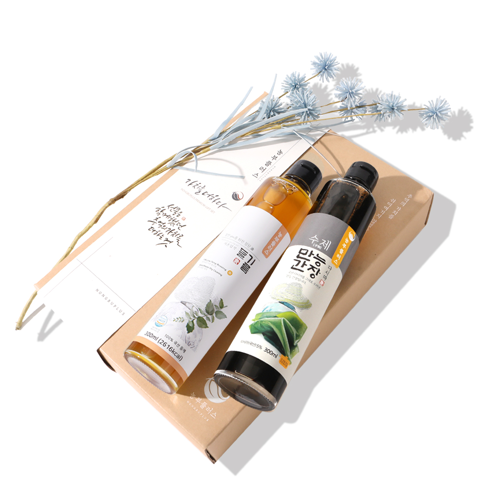 농부플러스 국산 냉압착 생들기름 저온착유 들기름 참기름 + 만능간장 맛간장 300ml 2병 선물세트 (교차선택가능)