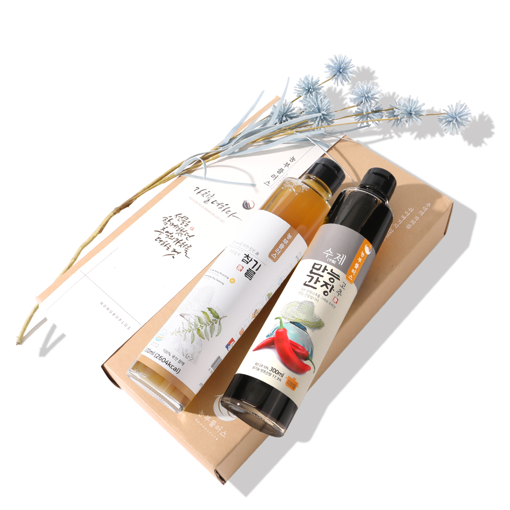 농부플러스 국산 냉압착 생들기름 저온착유 들기름 참기름 + 만능간장 맛간장 300ml 2병 선물세트 (교차선택가능)