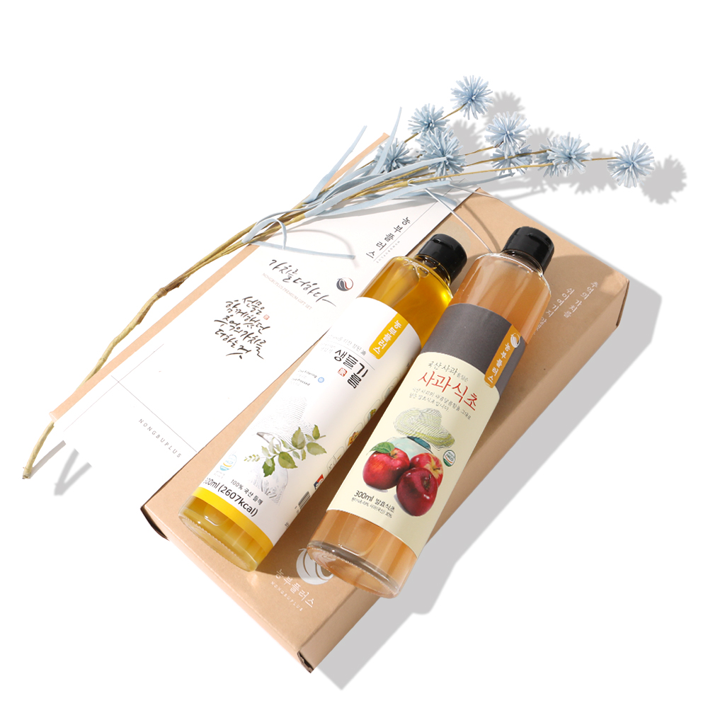 농부플러스 국산 냉압착 생들기름 저온착유 참기름 들기름 수제발효식초 300ml 2병 선물세트