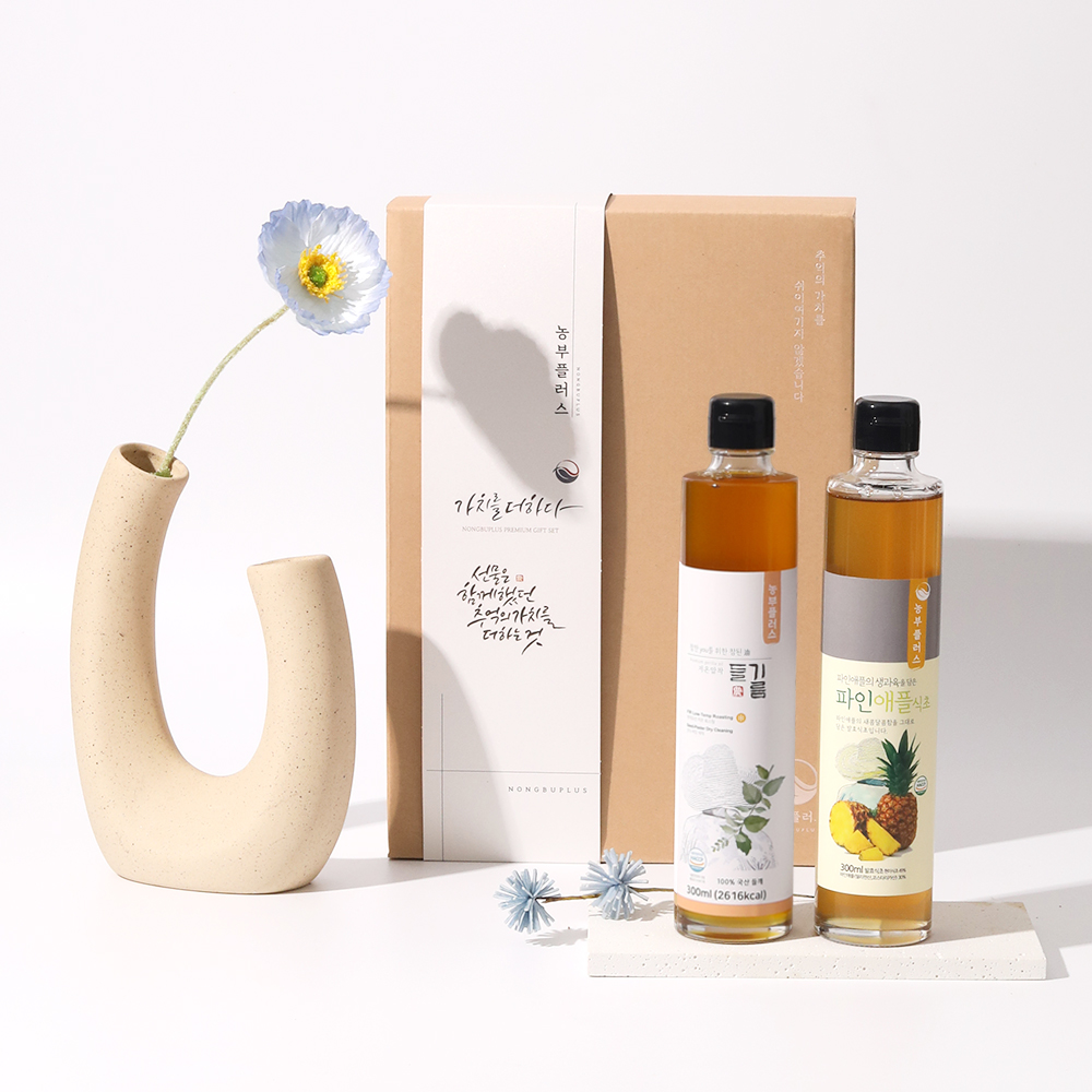 농부플러스 국산 냉압착 생들기름 저온착유 참기름 들기름 수제발효식초 300ml 2병 선물세트