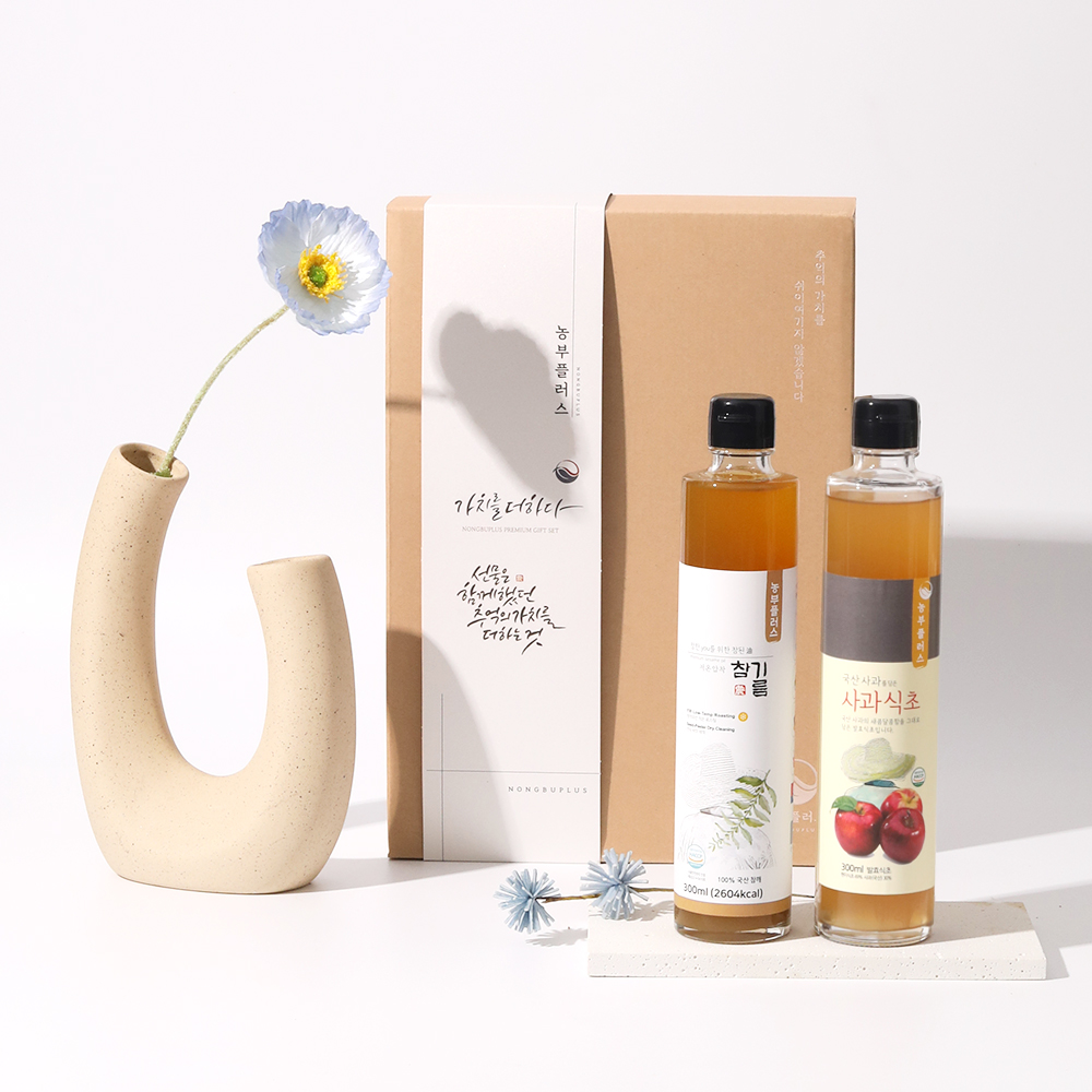 농부플러스 국산 냉압착 생들기름 저온착유 참기름 들기름 수제발효식초 300ml 2병 선물세트