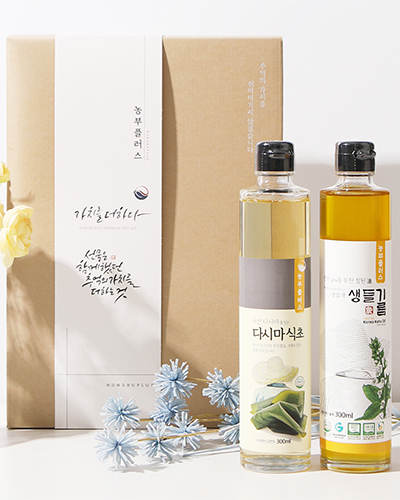 농부플러스 국산 냉압착 생들기름 저온착유 참기름 들기름 수제발효식초 300ml 2병 선물세트 대표이미지 섬네일