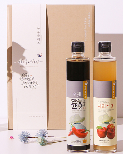 농부플러스 만능간장 맛간장 + 수제발효식초 300ml 2병 선물세트