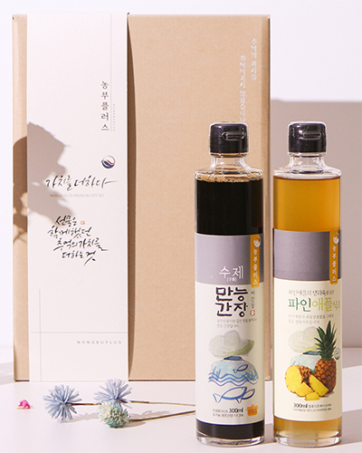 농부플러스 만능간장 맛간장 + 수제발효식초 300ml 2병 선물세트