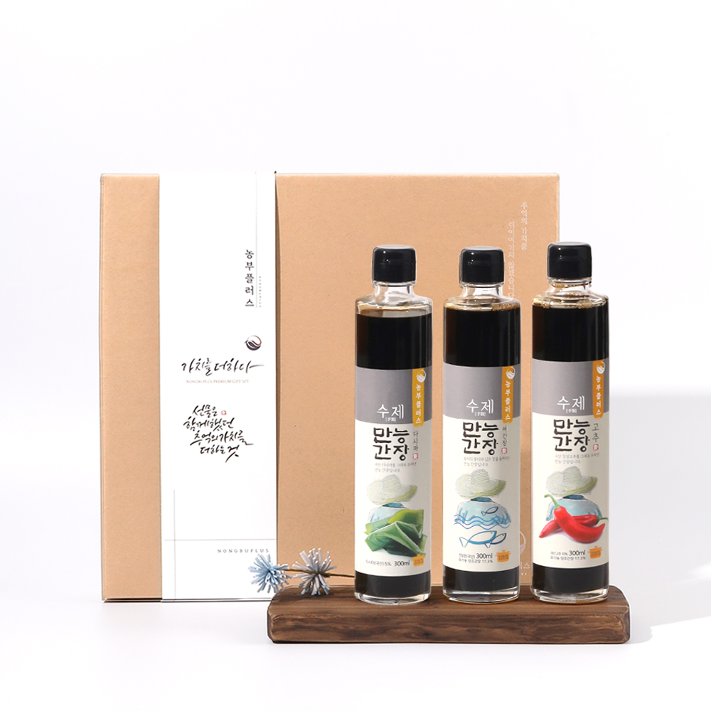 농부플러스 국산 냉압착 생들기름 저온착유 들기름 참기름 만능간장 발효식초 300ml 3병 선물세트