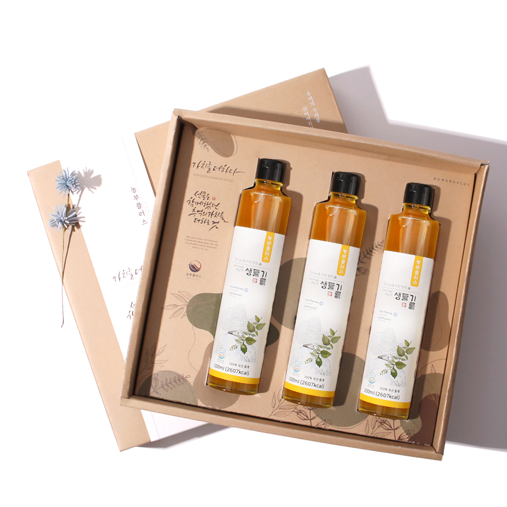 농부플러스 국산 냉압착 생들기름 저온착유 들기름 참기름 만능간장 발효식초 300ml 3병 선물세트