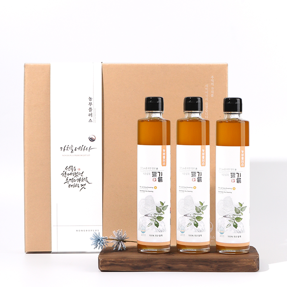 농부플러스 국산 냉압착 생들기름 저온착유 들기름 참기름 만능간장 발효식초 300ml 3병 선물세트
