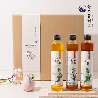 농부플러스 국산 냉압착 생들기름 저온착유 들기름 참기름 만능간장 발효식초 300ml 3병 선물세트 대표이미지 섬네일