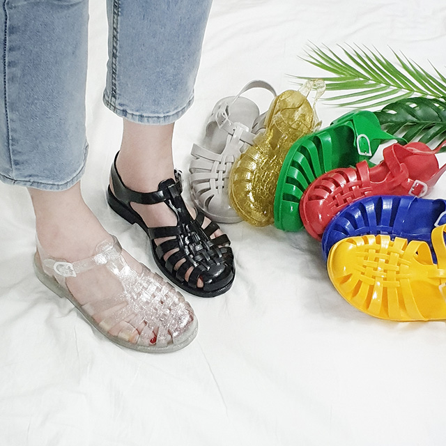 여름 위빙꼬임 아쿠아 레인 T스트랩 말랑 젤리샌들 2cm