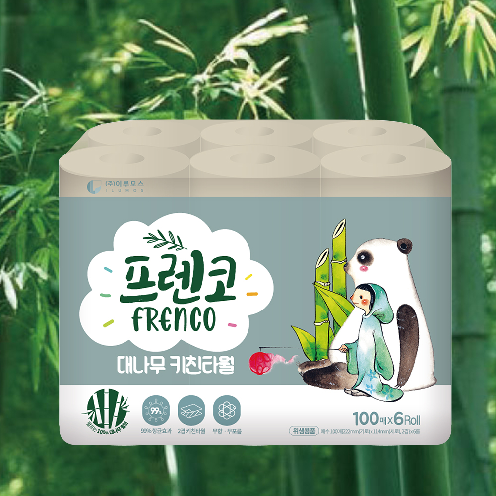 이루모스 친환경 2겹 프렌코 대나무 키친타올 100매 6롤(1팩)