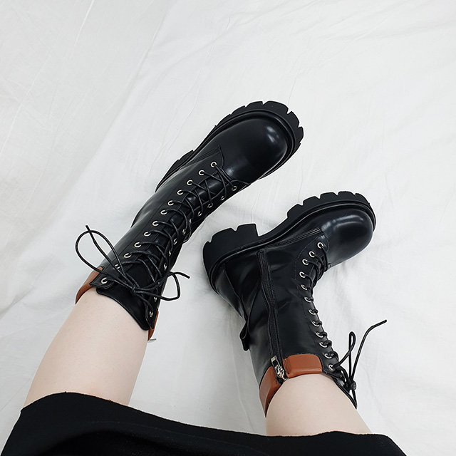키모 배색 레이스업 옆지퍼 통굽 키높이 미들 워커 7cm